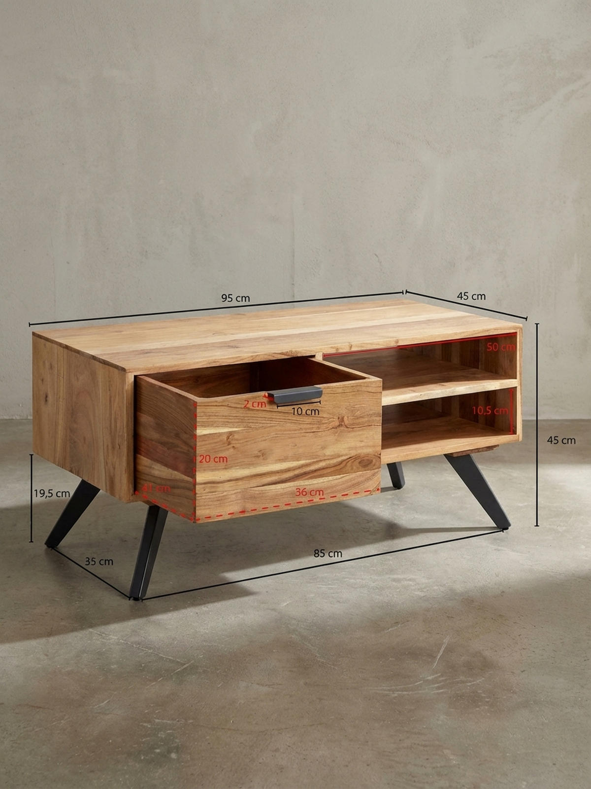 COUCHTISCH Massivholz und Metall, Modernes Design, Großer Stauraum, Robuste Beine - Beige/Anthrazit, Holz/Metall (45/95/45cm) - KADIMA DESIGN