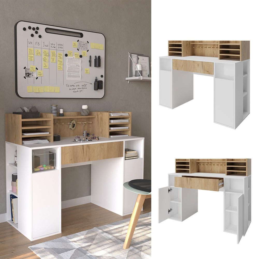 SCHREIBTISCH Weiß/Sonoma 126.8 x 50 cm XL mit Regale - Weiß/Sonoma Eiche, Holzwerkstoff (50/126.8/100cm) - Vicco