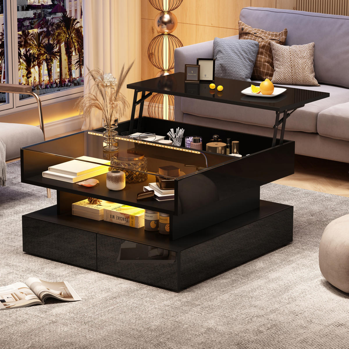 COUCHTISCH 80/80/45 cm höhenverstellbar mit LED-Beleuchtung und Stauraum, Schwarz - Schwarz, Holzwerkstoff (80/80/45cm) - Flora Grace