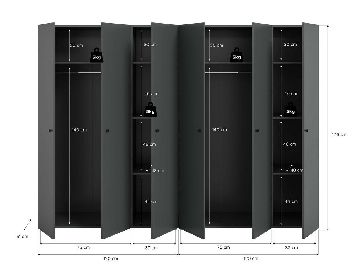 KLEIDERSCHRANKKOMBINATION Arbor (B/H/T: ca. 240/176/51 cm) in anthrazit/anthrazit - Anthrazit, Holzwerkstoff (240/176/51cm)
