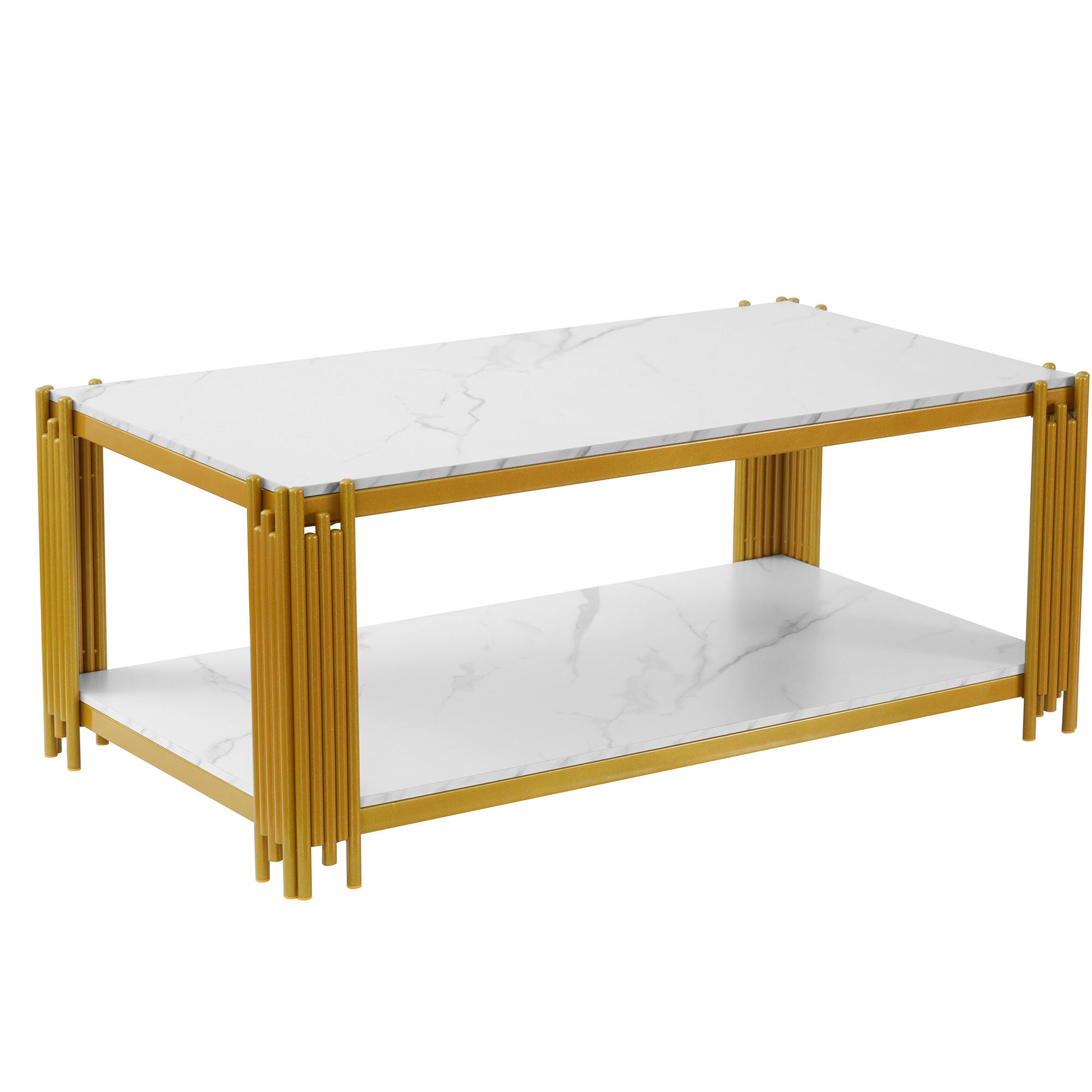 COUCHTISCH in Weiß-Gold Wohnzimmertisch mit Metallbeinen für Wohnzimmer, B140/T64/H46cm - Goldfarben/Weiß, Holzwerkstoff/Metall (64/114/46cm) - STILVORA