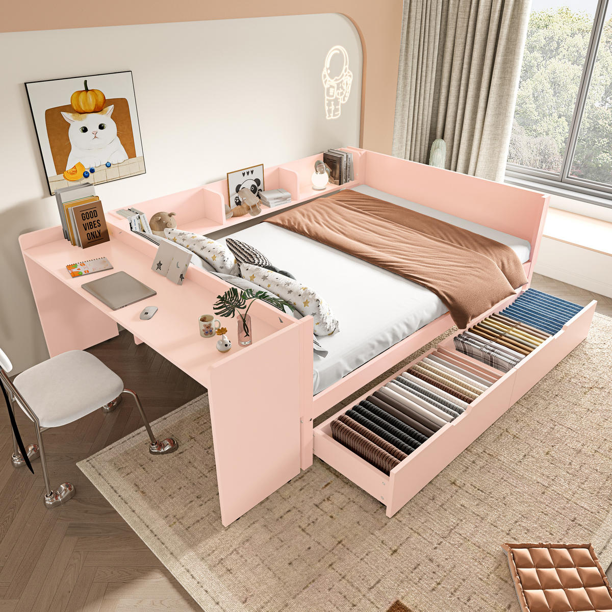 RAHMENBETT 140/200 cm rosa mit Schreibtisch und 2 Schubladen - Rosa, Holz (140/200cm) - OKWISH