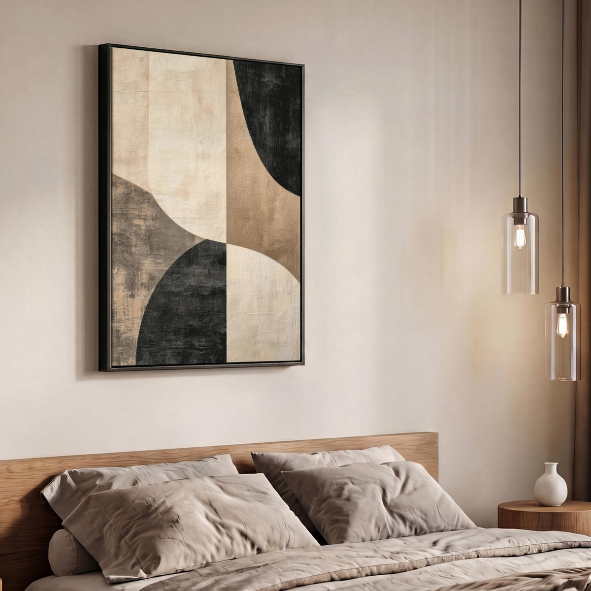 LEINWAND Bilder mit Rahmen - Abstrakt - Flugzeuge - Schwarz - Rund - 70x100 - Beige, Textil (70/100cm) - MuchoWow