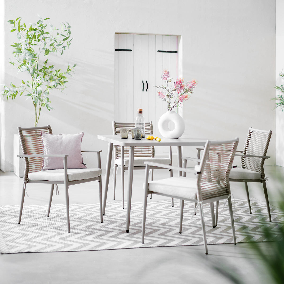 GARTENESSGRUPPE - Stahl / Polyrattan - Beige - 5-teilig - Beige, Naturmaterialien/Textil - home24