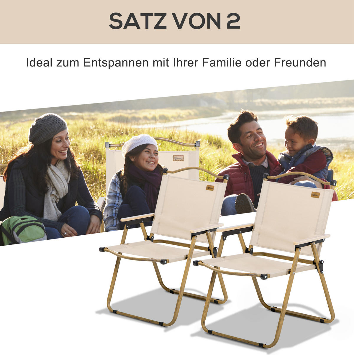 CAMPINGSTUHL 54/59/78 cm klappbar und tragbar im 2er-Set mit Stahlrahmen, Khaki - Beige, Metall (59/78/54cm) - Redom