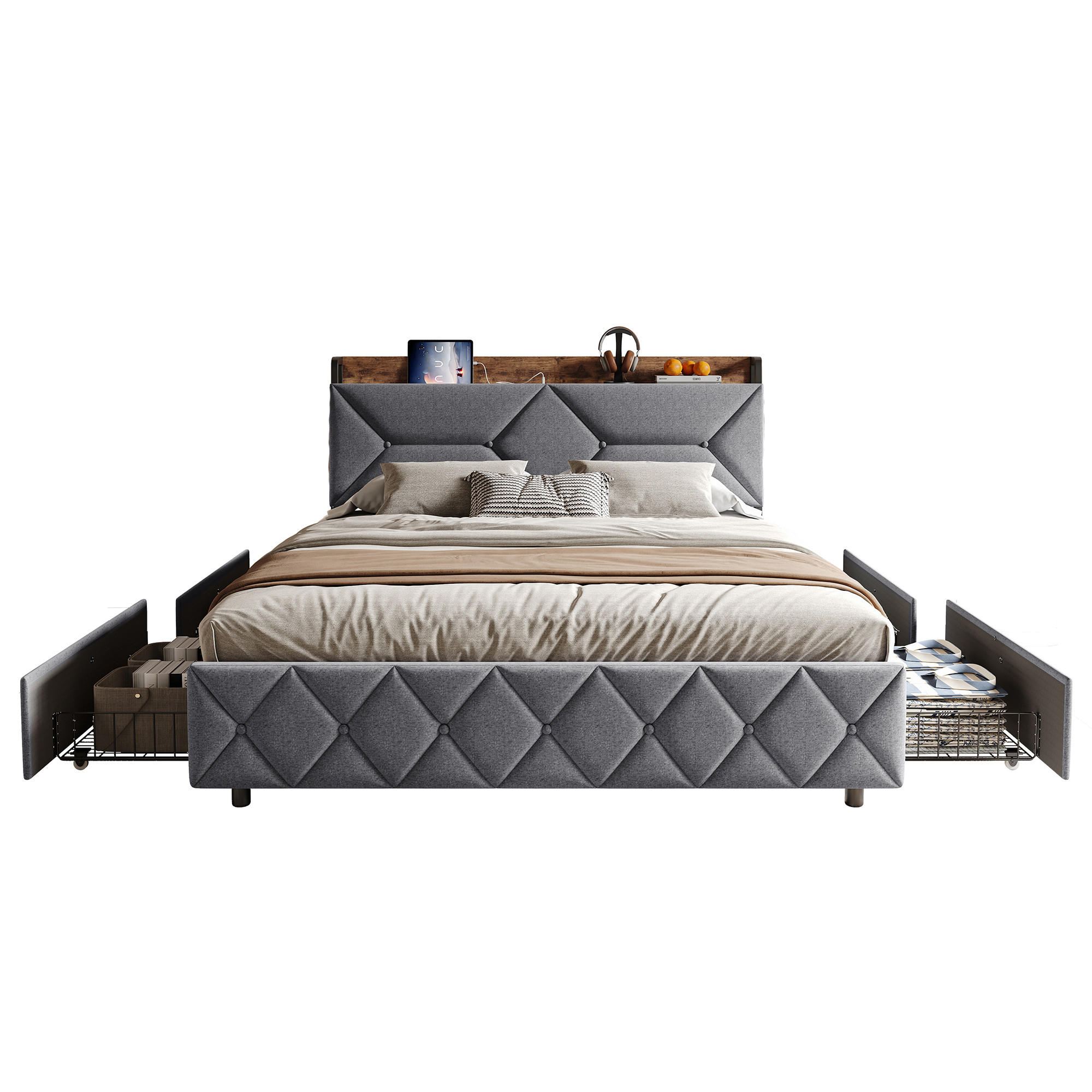 POLSTERBETT 160x200 mit Stauraum, 4 Schubladen und Steckdose, Lattenrost, Kopfteil mit verstecktem Stauraum, Grau - Grau, Holz/Textil (160/200cm) - GENKI LIVING