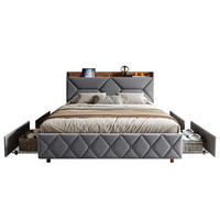 POLSTERBETT 160x200 mit Stauraum, 4 Schubladen und Steckdose, Lattenrost, Kopfteil mit verstecktem Stauraum, Grau - Grau, Holz/Textil (160/200cm) - GENKI LIVING