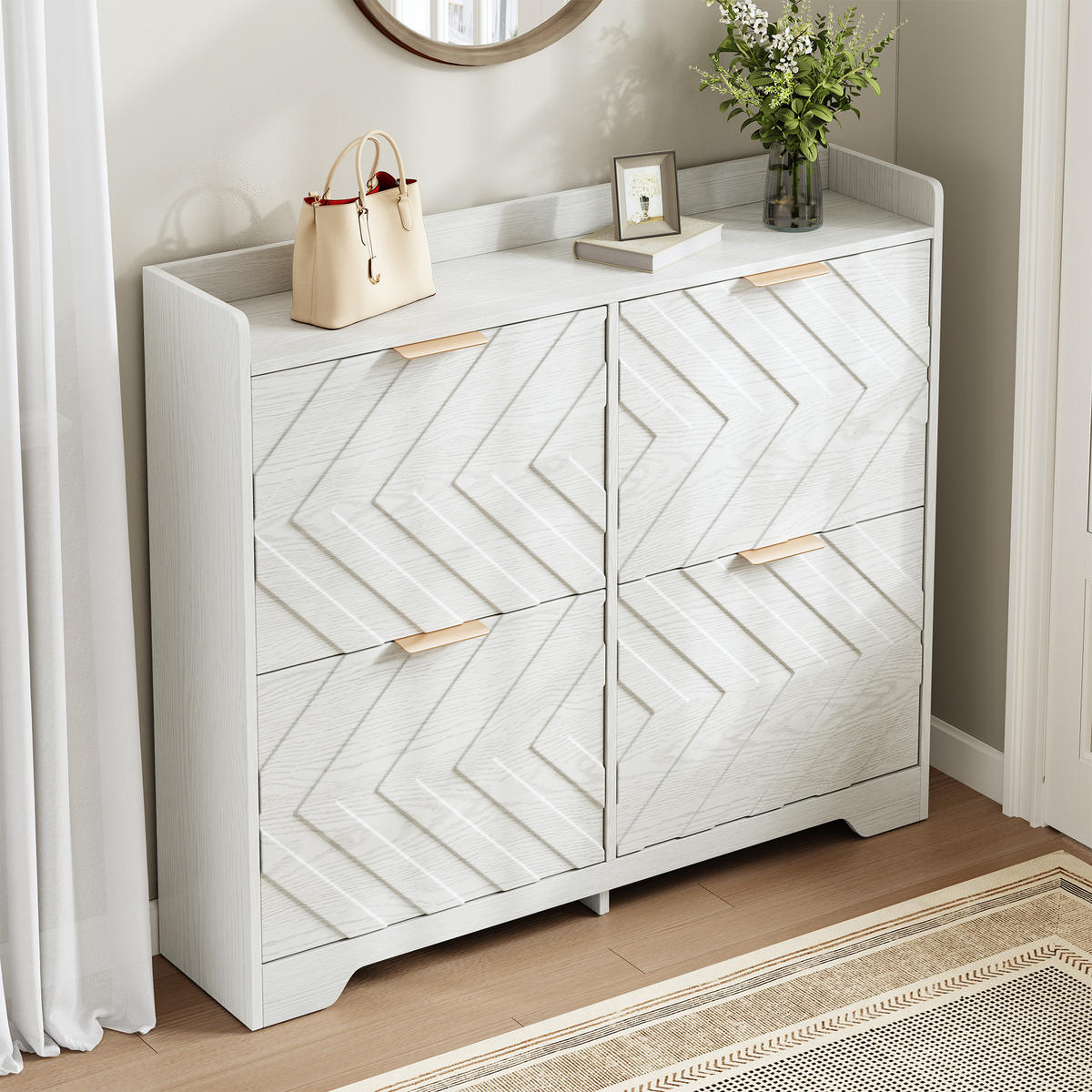 SCHUHSCHRANK 4 Klappen 3D Front mit Ablage - Weiß, Holz (105/90/24cm) - LEBENLANG