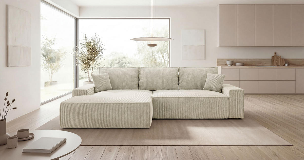 ECKSOFA VERONA links weiß Cord Poso 100 - Schlaffunktion, Bettkasten - Weiß, Textil (280/185cm) - Cornero