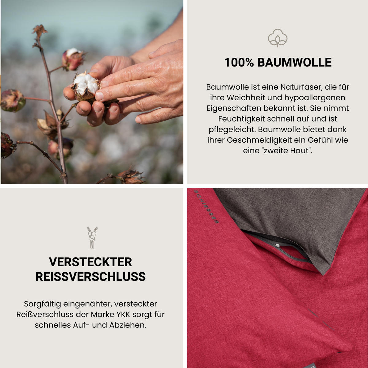 KISSENHÜLLENSET Doubleface - Renforcé - 2-teilig - 40 x 80 cm - Rot-Dunkelgrau - Dunkelgrau/Rot, Textil (40/80cm) - SCHIESSER