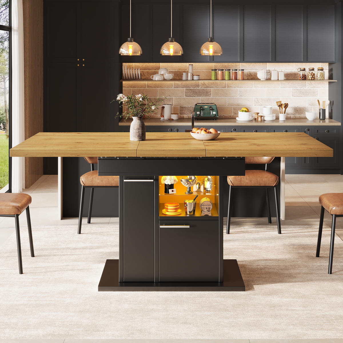 ESSTISCH Ausziehbar Stauraum LED Glasablagen Modern 4 6 Personen - Schwarz, Holzwerkstoff (80/140/77.2cm) - FLIEKS