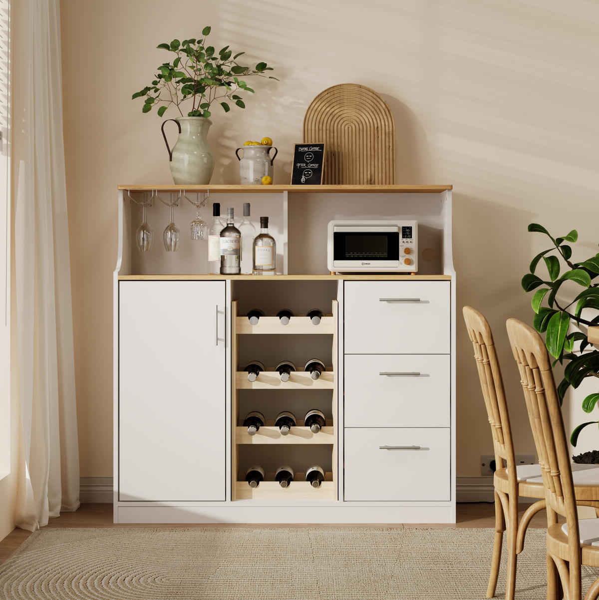 SIDEBOARD 120/40/121 cm mit Weinregal, LED und 3 Schubladen in Weiß/Natur - Weiß, Holzwerkstoff (120/121/40cm) - BEAOK