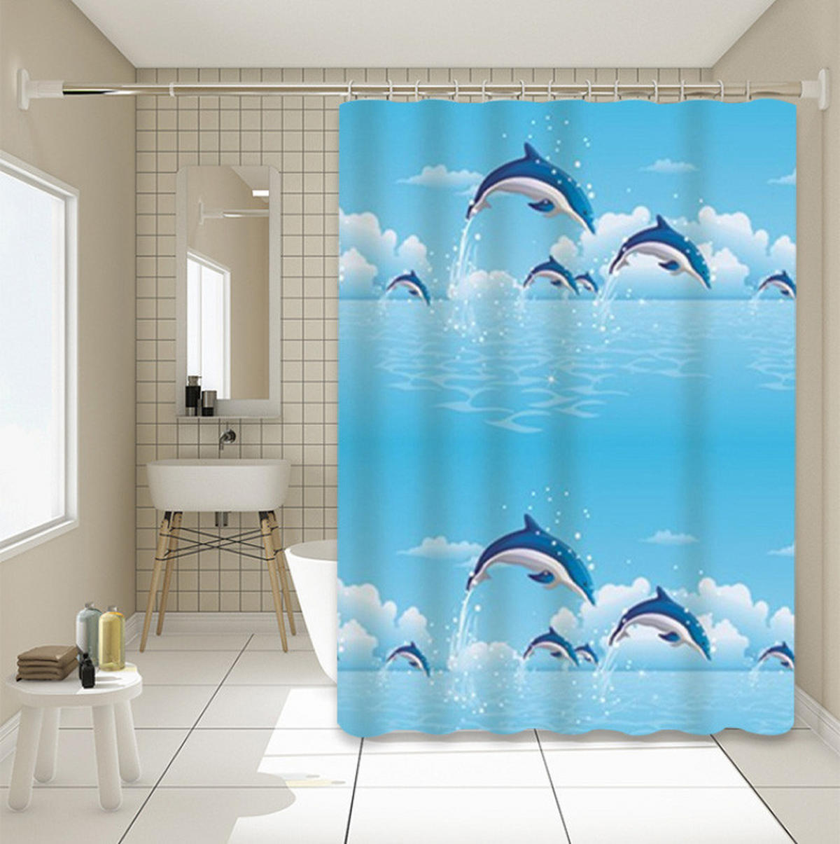 DUSCHVORHANG ohne Bohren trocken mit Haken Badezimmer - Blau, Kunststoff (150/180cm) - MCBOSON