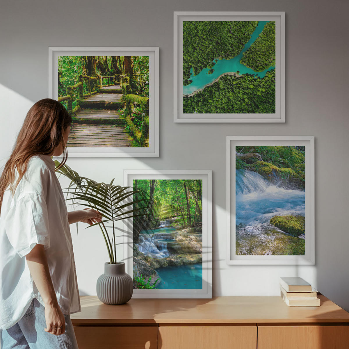 WANDBILDER 4er-Set - 50x50 cm & 40x60 cm Weißer Rahmen - Grüne Wälder, kristallklares Wasser - Weiß, Kunststoff (50/50cm) - ArtPrintCave