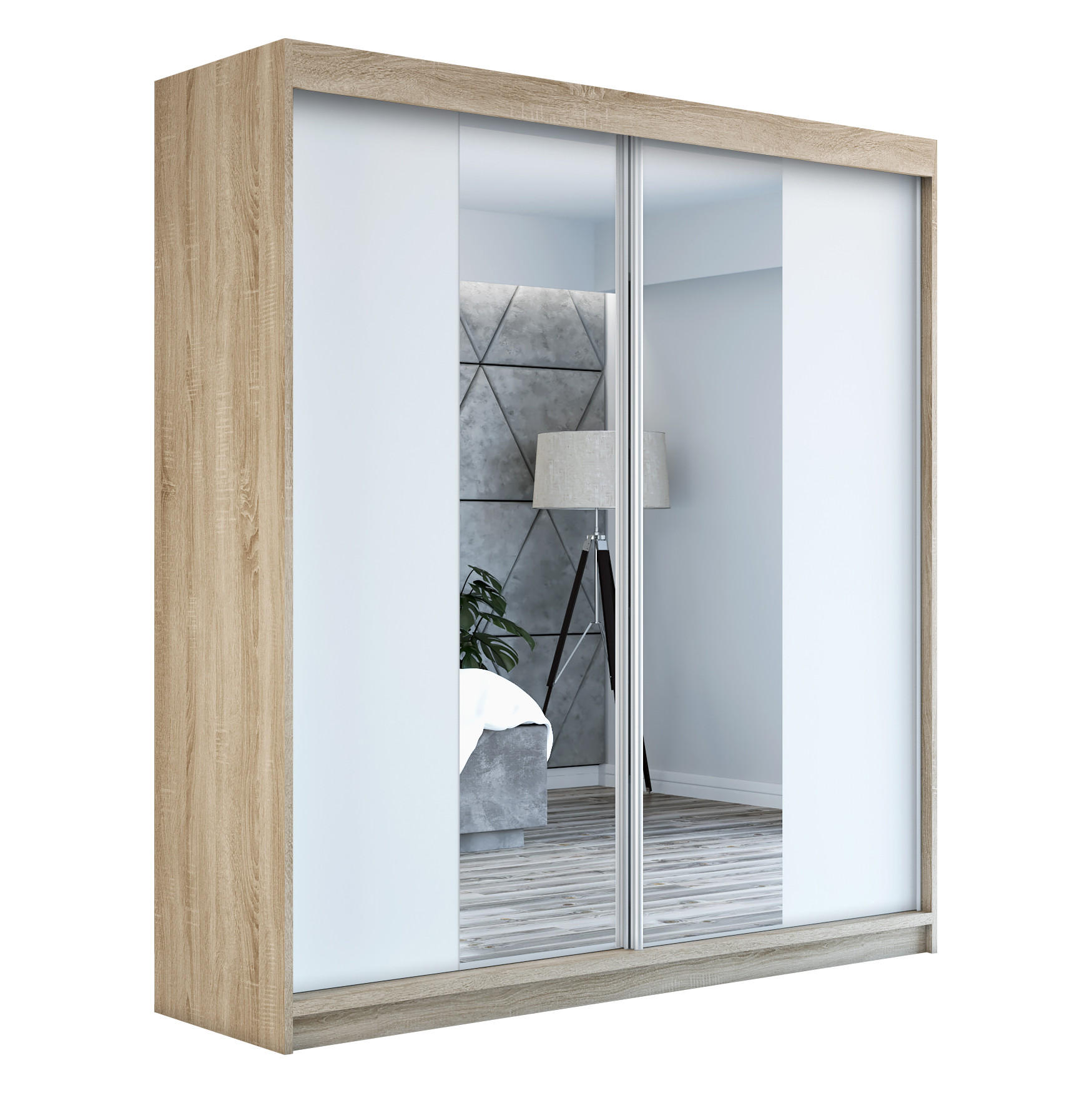 A&J MöbelLand Schwebetürenschrank Braun, Weiß, Weiß 160x215x59.5 cm