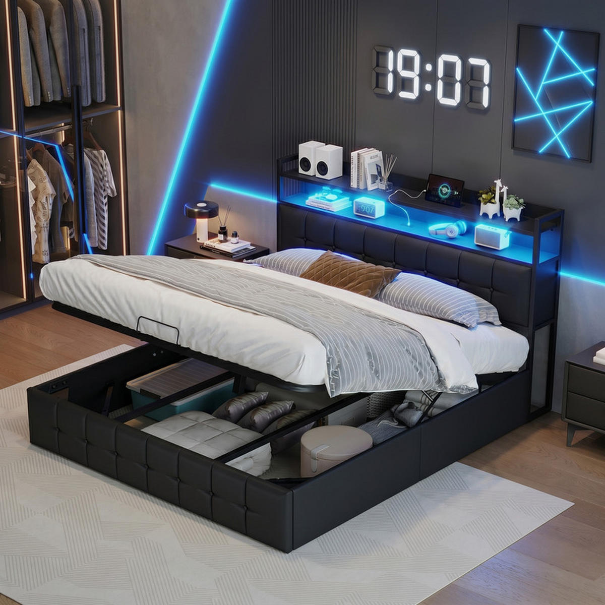 POLSTERBETT 140/190 cm schwarz mit Stauraum, LED und USB - Schwarz, Holz