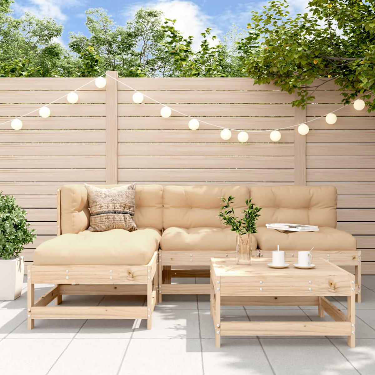 GARTEN-LOUNGE-SET 5-teilig Mit Kissen Massivholz - Beige/Braun, Holz - vidaXL