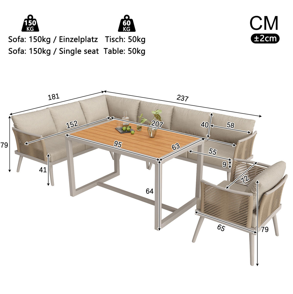 GARTENLOUNGE-SET 237/65/79 cm mit modularer L-Form, WPC-Couchtisch und waschbaren Polstern, Beige - Beige, Metall - Redom