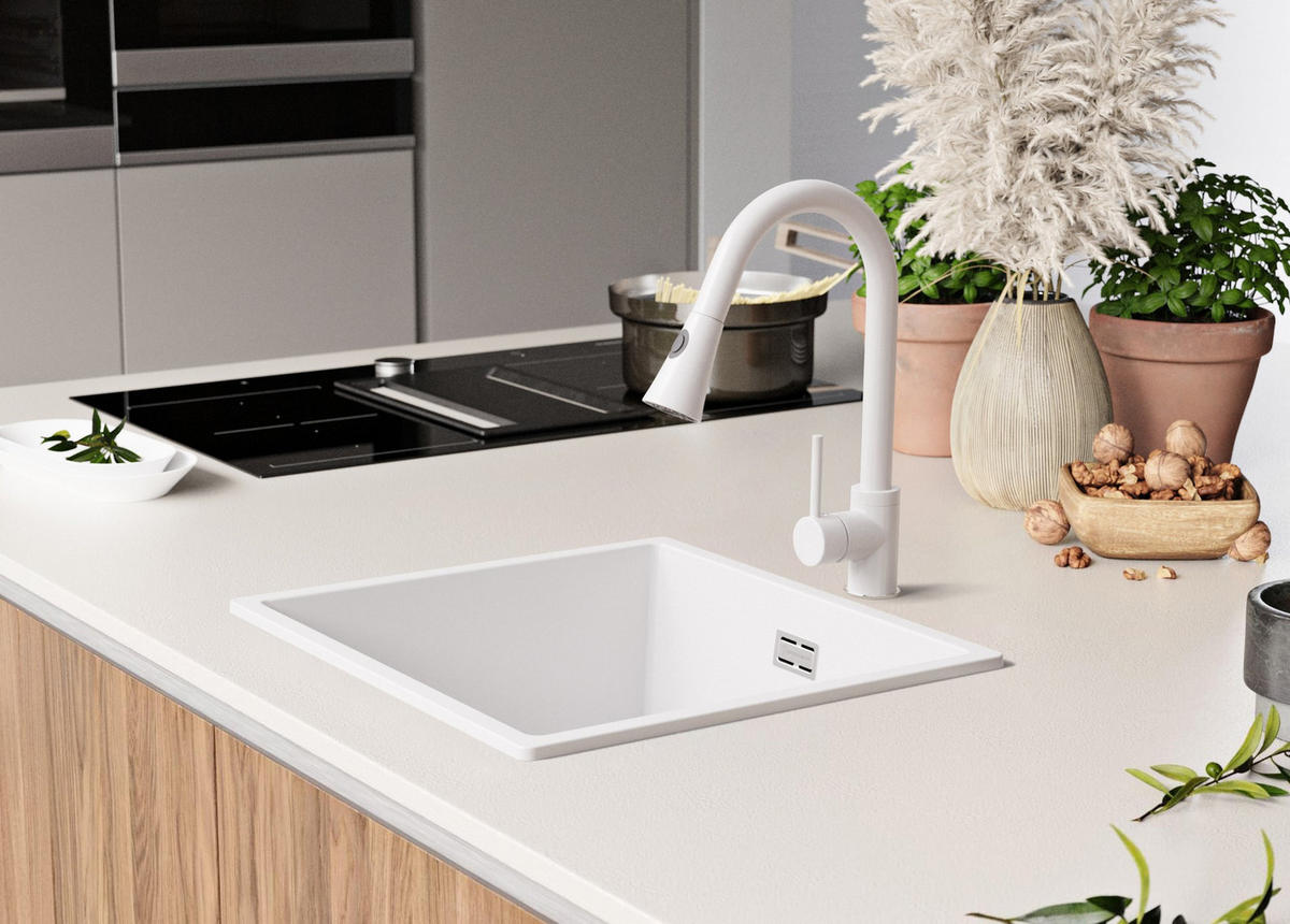 GRANITSPÜLE London Slim, 2-er set Weiß 46/47 cm 1 Becken + Küchenarmatur 38/14 cm + Ablauf-Set ab 50er Unterschrank - Chromfarben/Weiß, Kunststoff (46/20/47cm) - Primagran