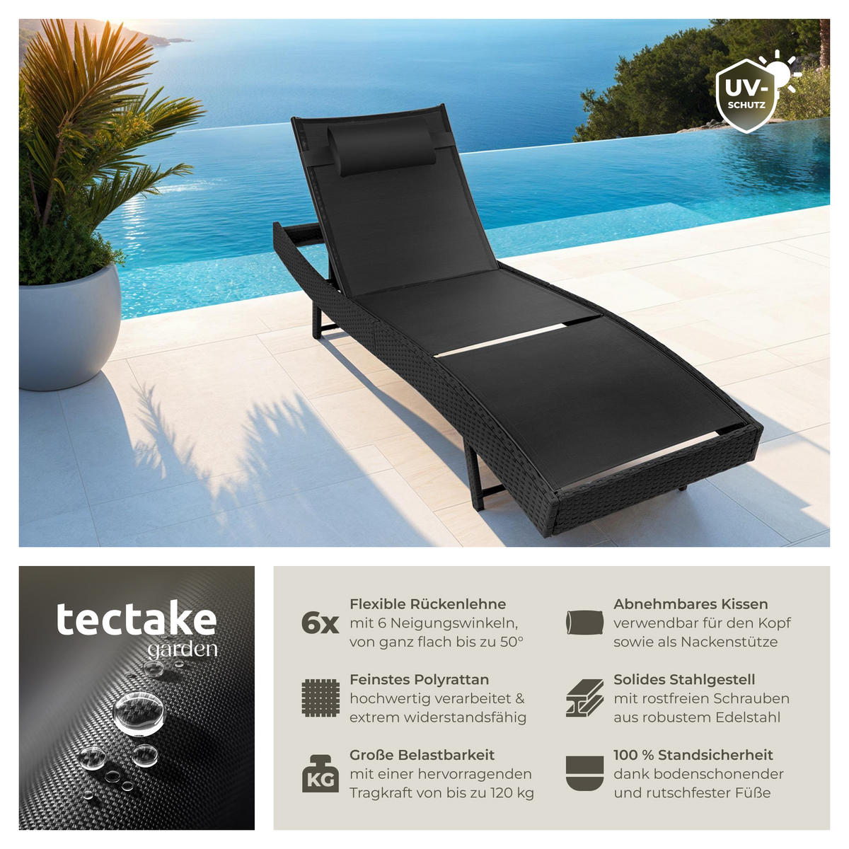 RATTAN-SONNENLIEGE Moana, 69 x 211 x 41 - 94 cm, schwarz - Schwarz, Kunststoff (69/94/211cm) - tectake