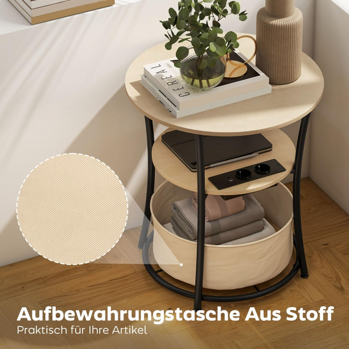 BEISTELLTISCH mit integrierter Ladestation und Stofftasche - Naturfarben, Holzwerkstoff (50/50/55.1cm)