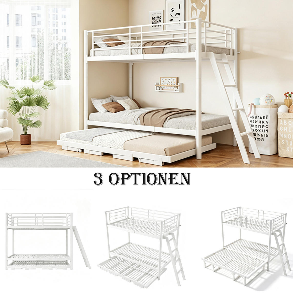 ETAGENBETT aus Metall und Holz 90x200 cm Weiß mit ausziehbarem Unterbett - Weiß, Metall (90/200cm) - Modfu