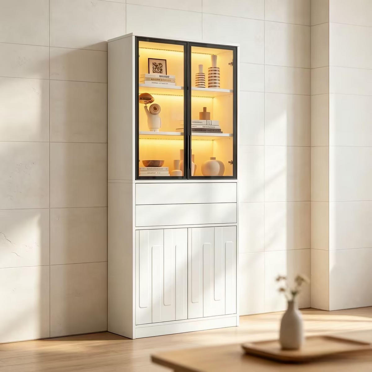VITRINE 70x34x180 cm Weiß mit LED und 2 Schubladen - Weiß, Holzwerkstoff (70/180/34cm) - FLIEKS