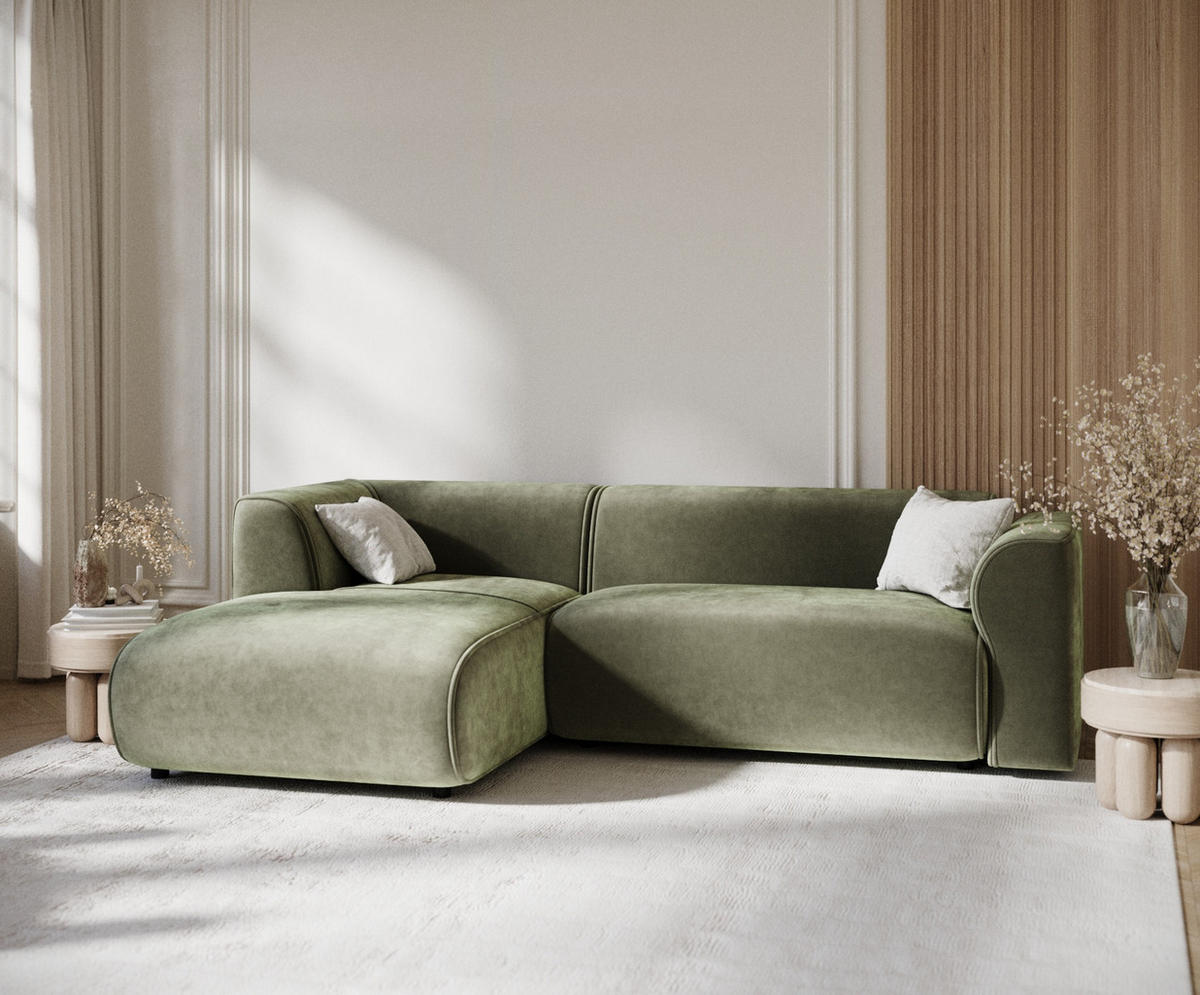 ECKSOFA Melani Olivenfarbe Samtstoff - Schwarz/Olivgrün, Holz/Holzwerkstoff (253/153cm) - Maison de Reve