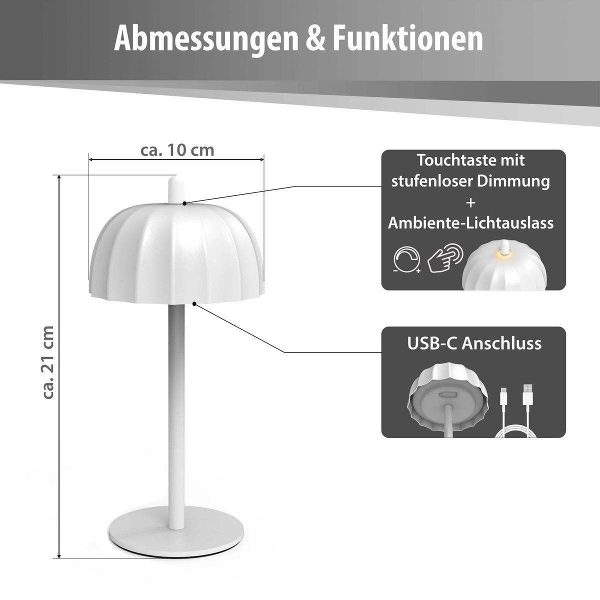 LED-TISCHLEUCHTE Umbrella schwarz 21cm Metall 2er-Set weiß - Weiß, Metall (10/10/21cm) - Northpoint