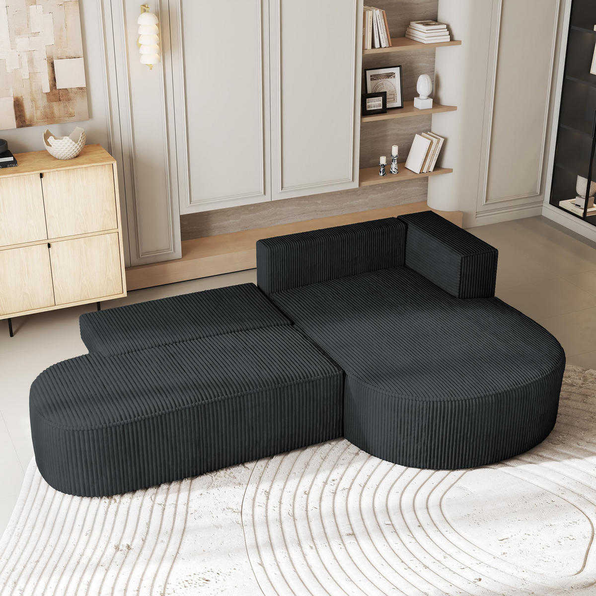 ECKSOFA CORTIO P R-S Graphitfarben Kordstoff mit Schlaffunktion - Graphitfarben, Holz (265/174cm) - MASSENO