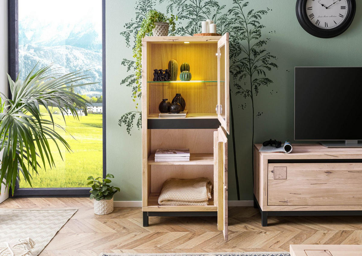 VITRINE Wildeiche 65x40x148 bianco geölt VILLANDERS #204 - Beige, Holz (65/148/40cm) - Massivmoebel24