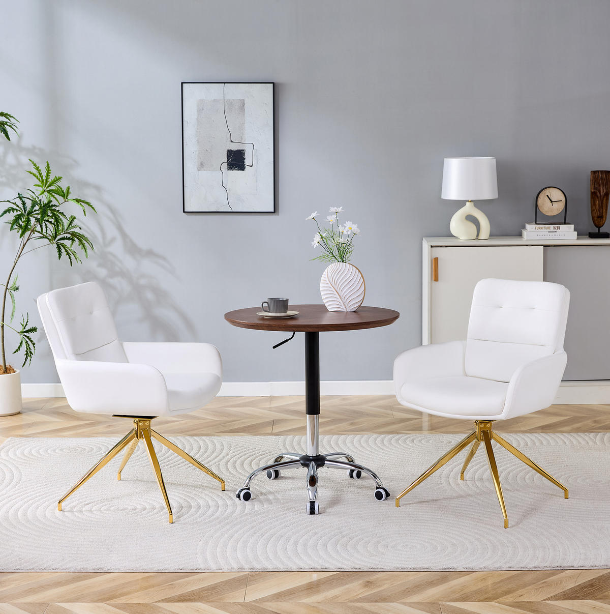 DREHSTUHL 2er-Set 360° drehbar 85 cm PU Weiß Goldfarben - Weiß, Metall (50/85/55cm) - Meubliv