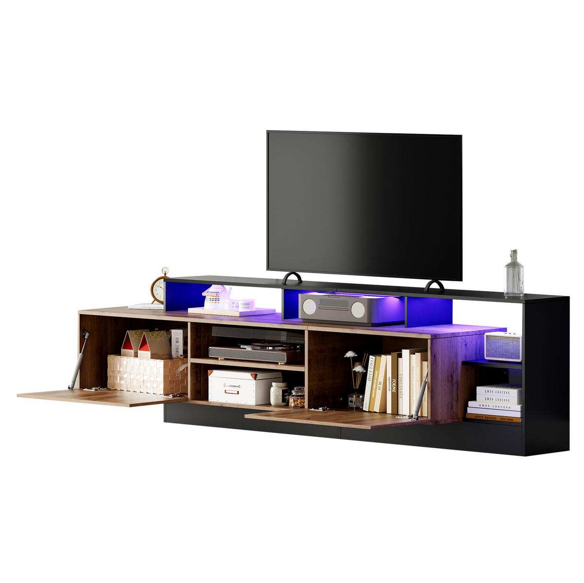TV ormarić 190/40/48,5 cm crni i hrast od iverice s LED rasvjetom i otvorenim pretincima - crna, drvni materijal (190/48.5/40cm) - OKWISH