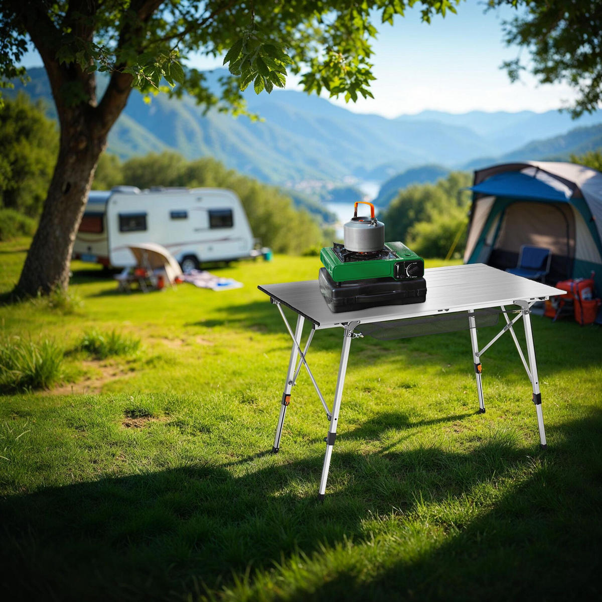 CAMPINGTISCH Bastian,120 x 70,5 x 58 – 79 cm,silber - Silberfarben, Metall (120/70.5/79cm) - tectake