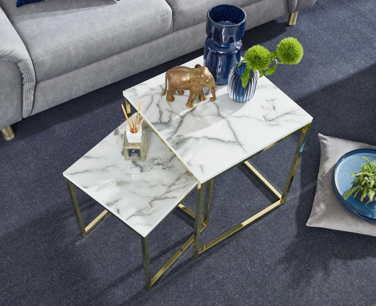 BEISTELLTISCH 2er Set Marmoroptik Metall Robust, Weiß 45x45x50 cm - Goldfarben/Weiß, Holz/Metall (45/45/50cm) - KADIMA DESIGN
