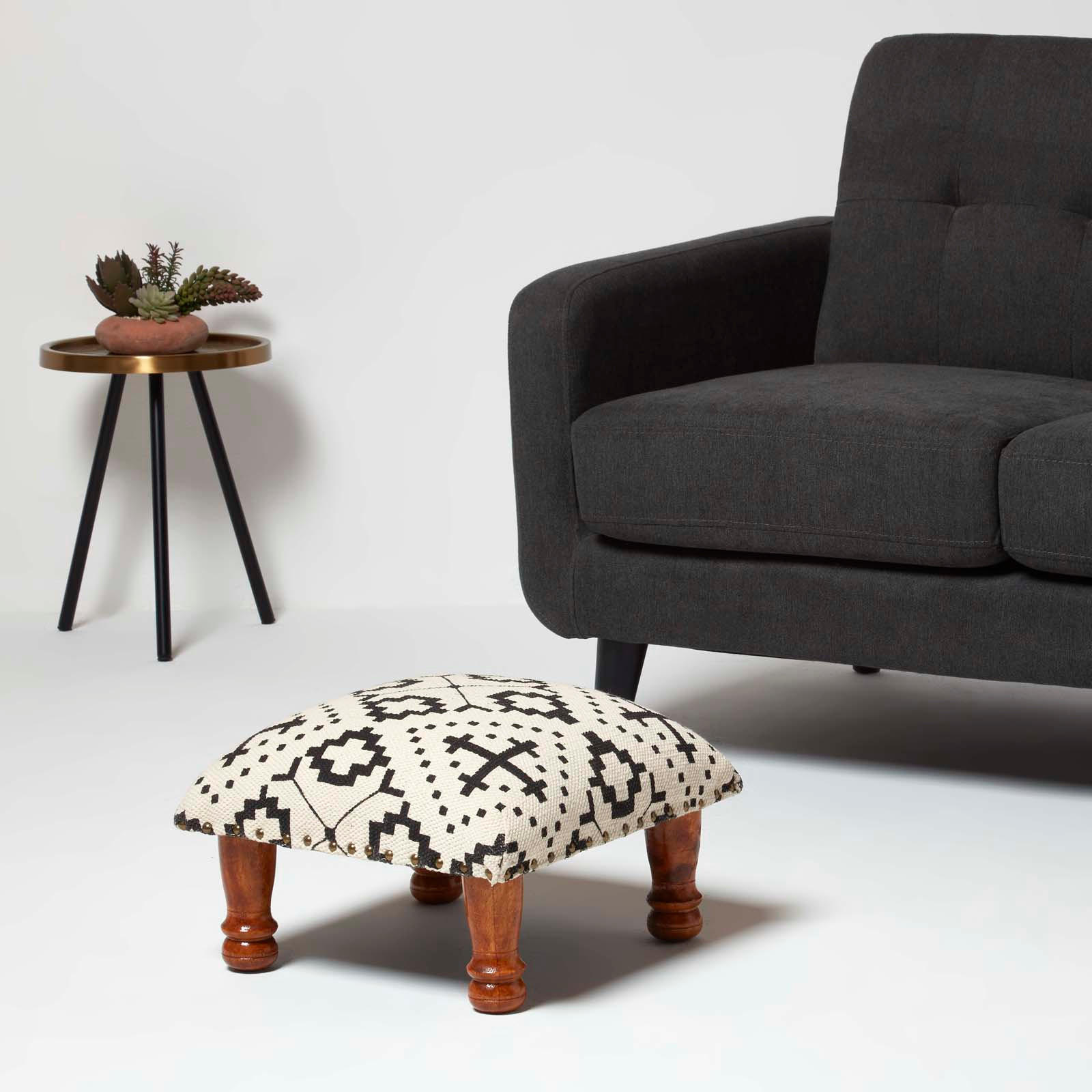HOCKER Reva mit Holzbeinen, schwarz-creme gemustert, 40/40 cm - Schwarz, Textil (40/25/40cm) - Homescapes