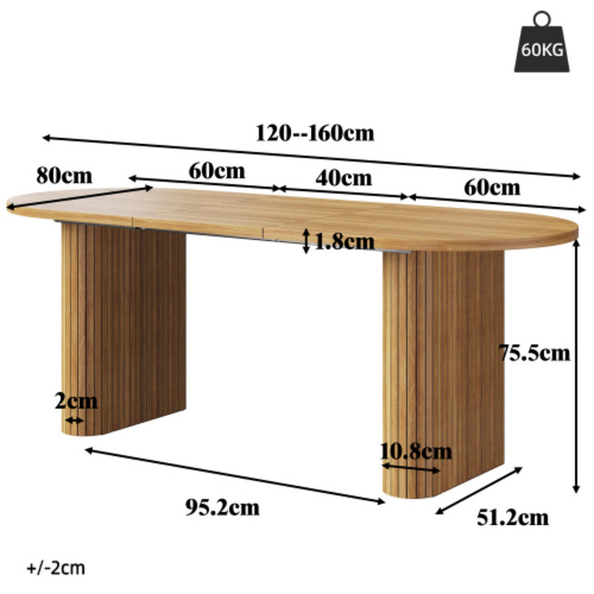 ESSTISCH Ausziehbarer120-160×80×75,5 cm aus MDF und Metall mit strukturierten Metallbeinen, braun - Braun, Holzwerkstoff (160/80/75.5cm) - Luhomfu