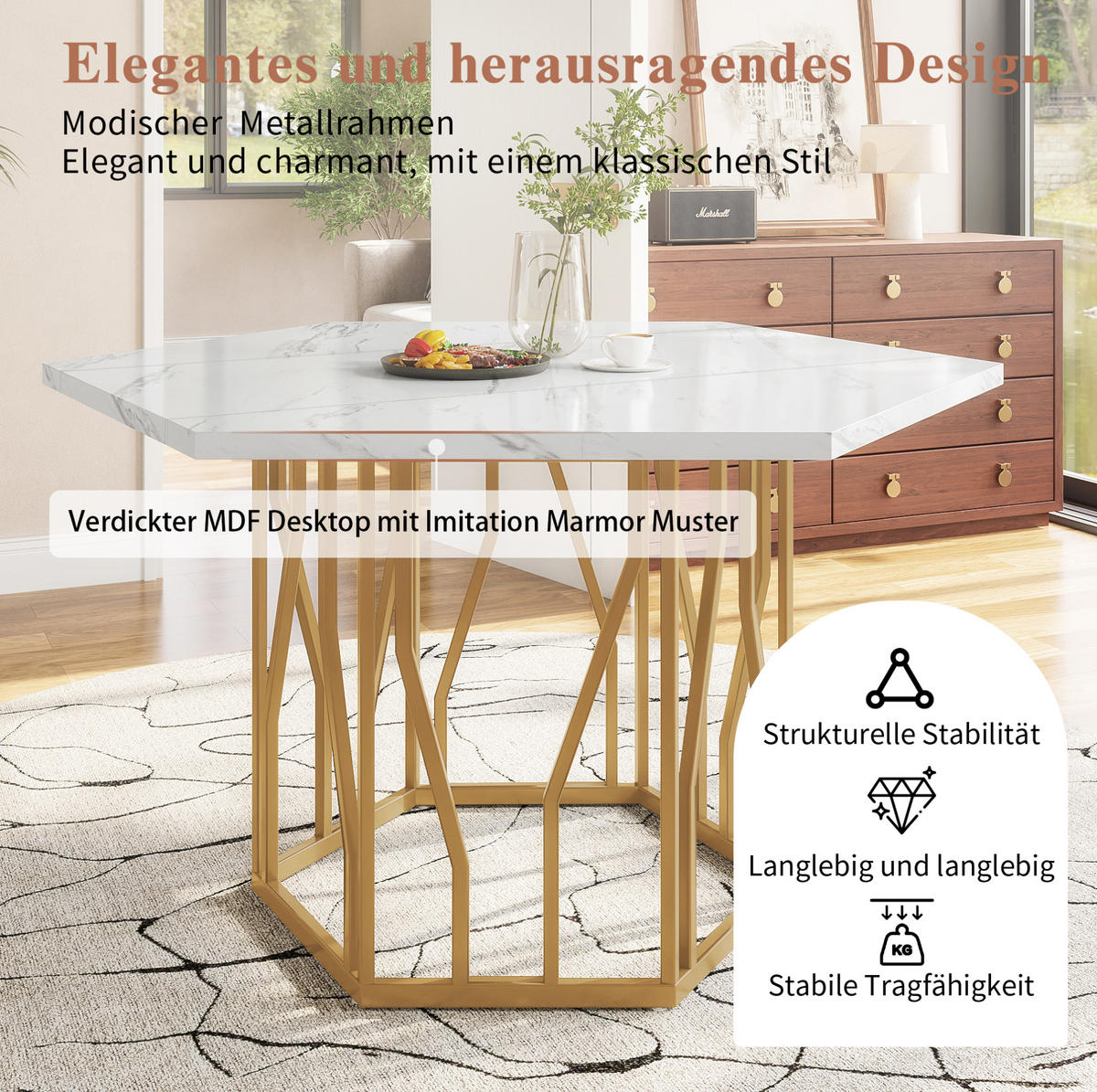 ESSTISCH sechseckig, MDF in Marmoroptik mit Metallgestell, 115,5/100/75 cm, Weiß/Gold - Goldfarben, Holzwerkstoff (115.5/100/75cm) - Redom