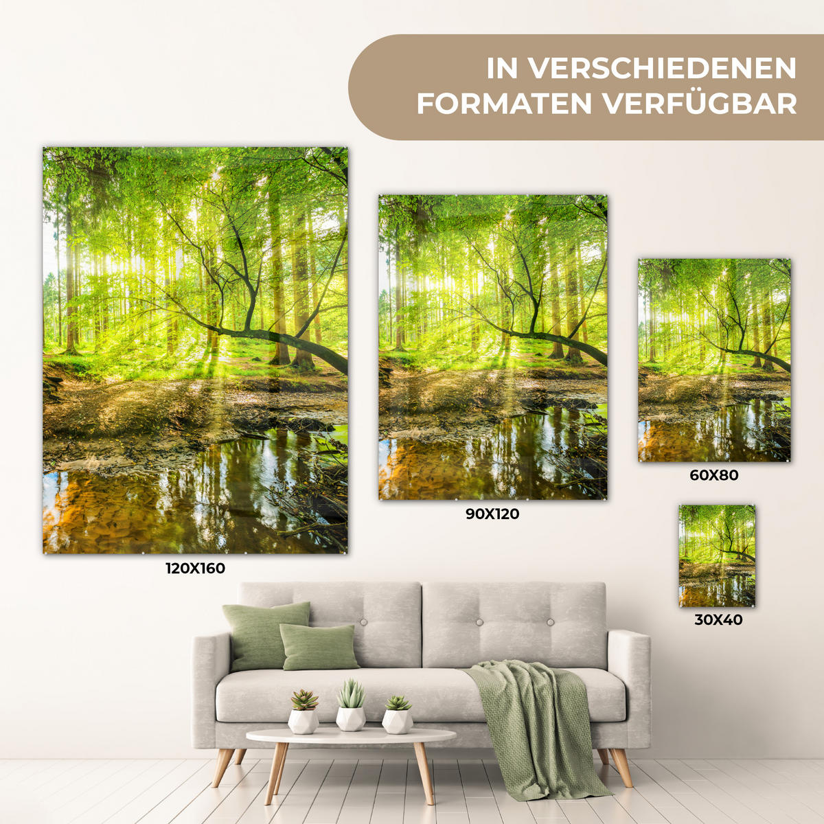ACRYLGLASBILD Wald - Landschaft - Wasser - Bäume - Sonne - Grün - Natur 60x80 cm - Grün, Glas (60/80cm) - MuchoWow