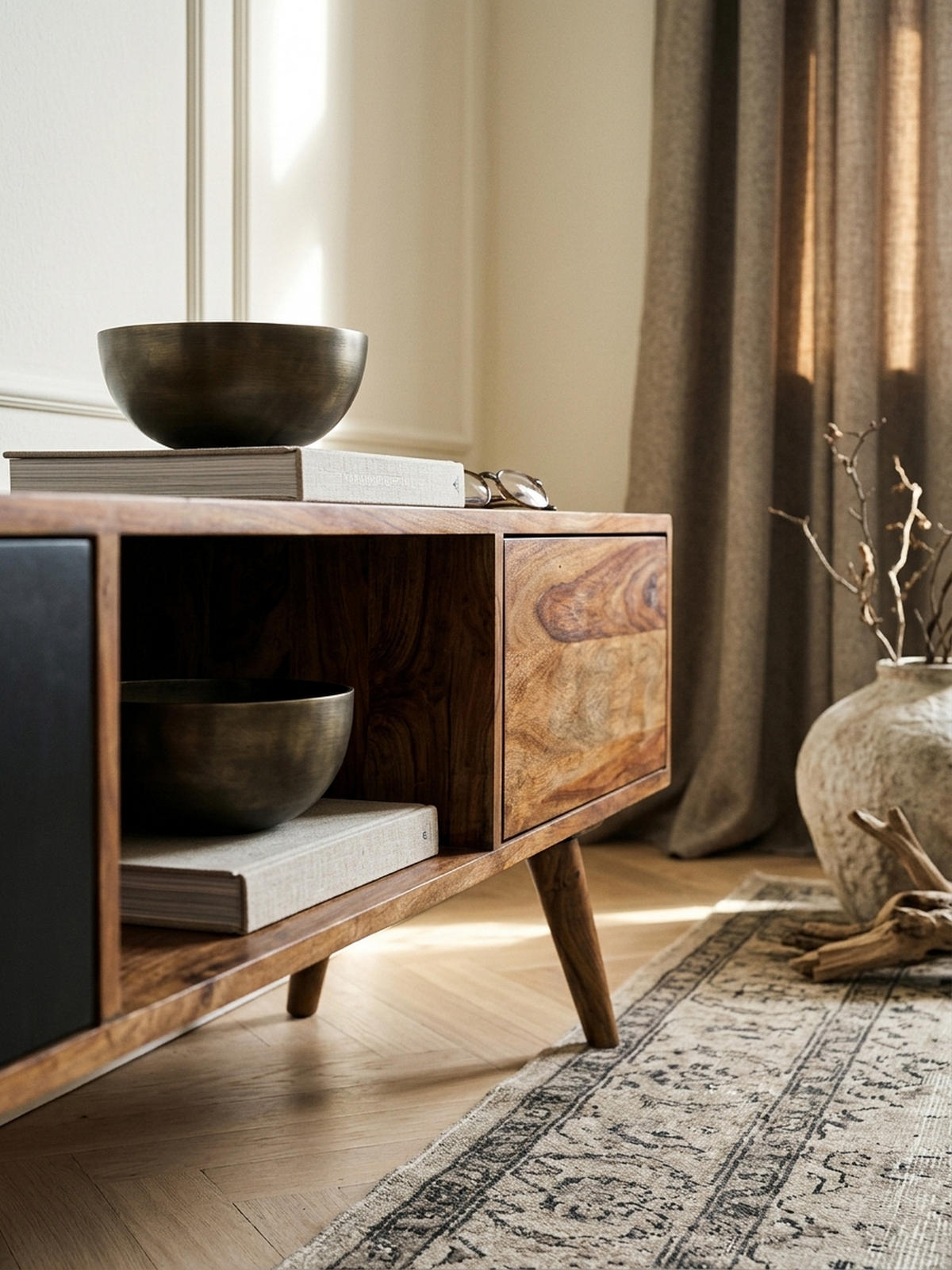 TV-LOWBOARD Massivholz, rustikaler Landhausstil, einzigartige Maserung, Schwarz 140x35x45 cm - Dunkelbraun/Schwarz, Holz (140/45/35cm) - KADIMA DESIGN