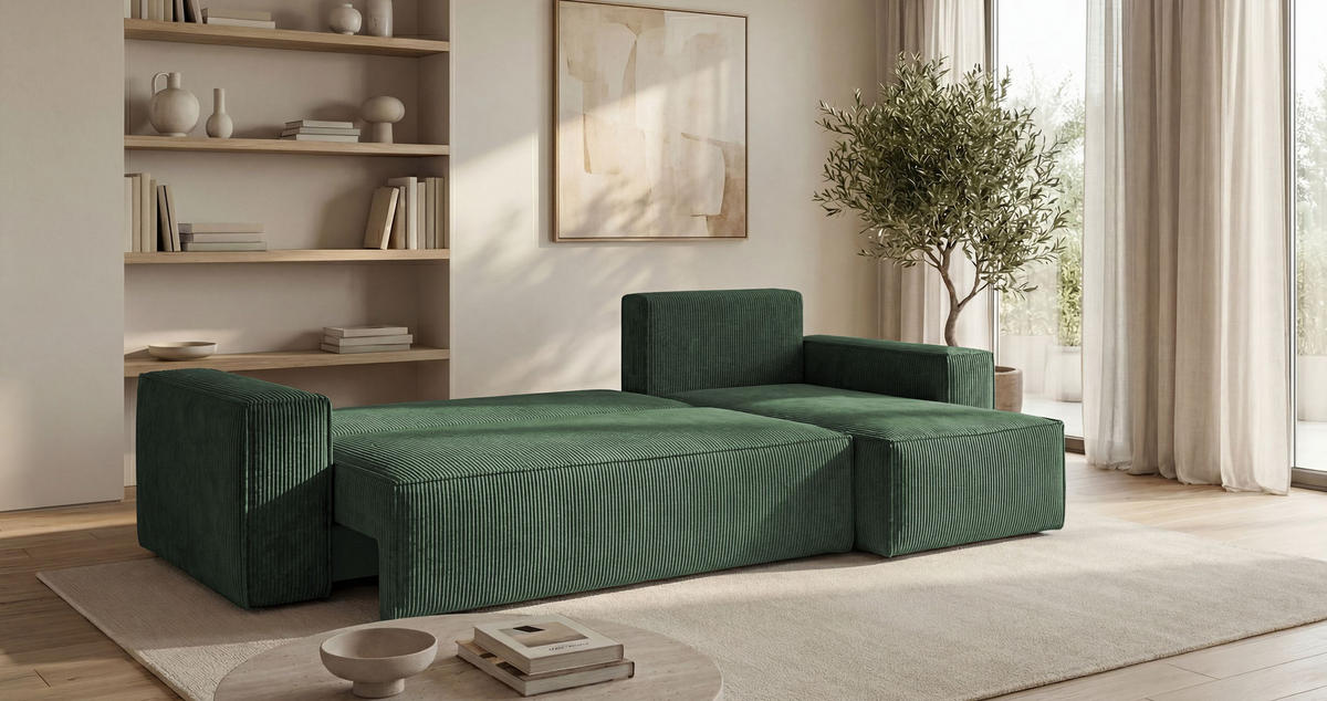 ECKSOFA CALIFORNIA MINI rechts grün Cord Poso 14 - Schlaffunktion, Bettkasten - Grün, Textil (245/139cm) - Cornero