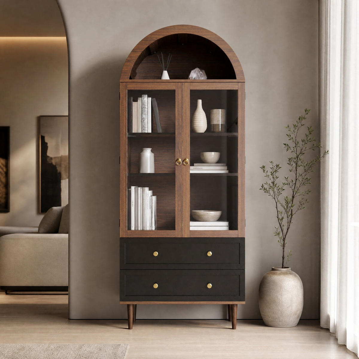 HIGHBOARD in Walnussfarben Bücherregal mit verstellbaren Einlegeböden für Wohnzimmer und Esszimmer, B70/T38/H168 cm - Transparent/Nussbaumfarben, Glas/Holzwerkstoff (70/168/38cm) - STILVORA