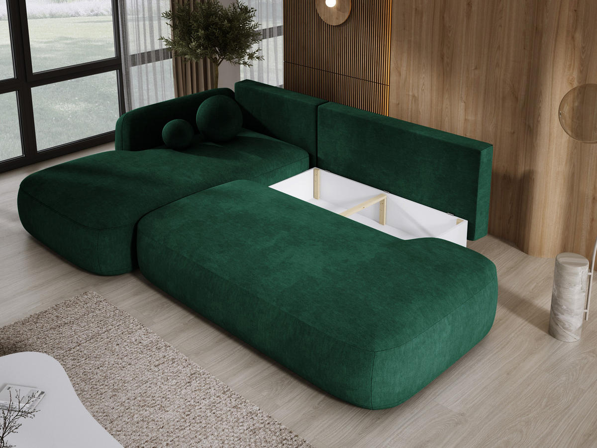 ECKSOFA BABU Mit Bettfunktion – Moderne Polsterecke Für Wohnzimmer Funktionales Schlafsofa Im Stoff CLOUD, 300x105x60cm, Linke, Grün - Jadegrün, Holz/Textil (190/300cm) - DomoHome