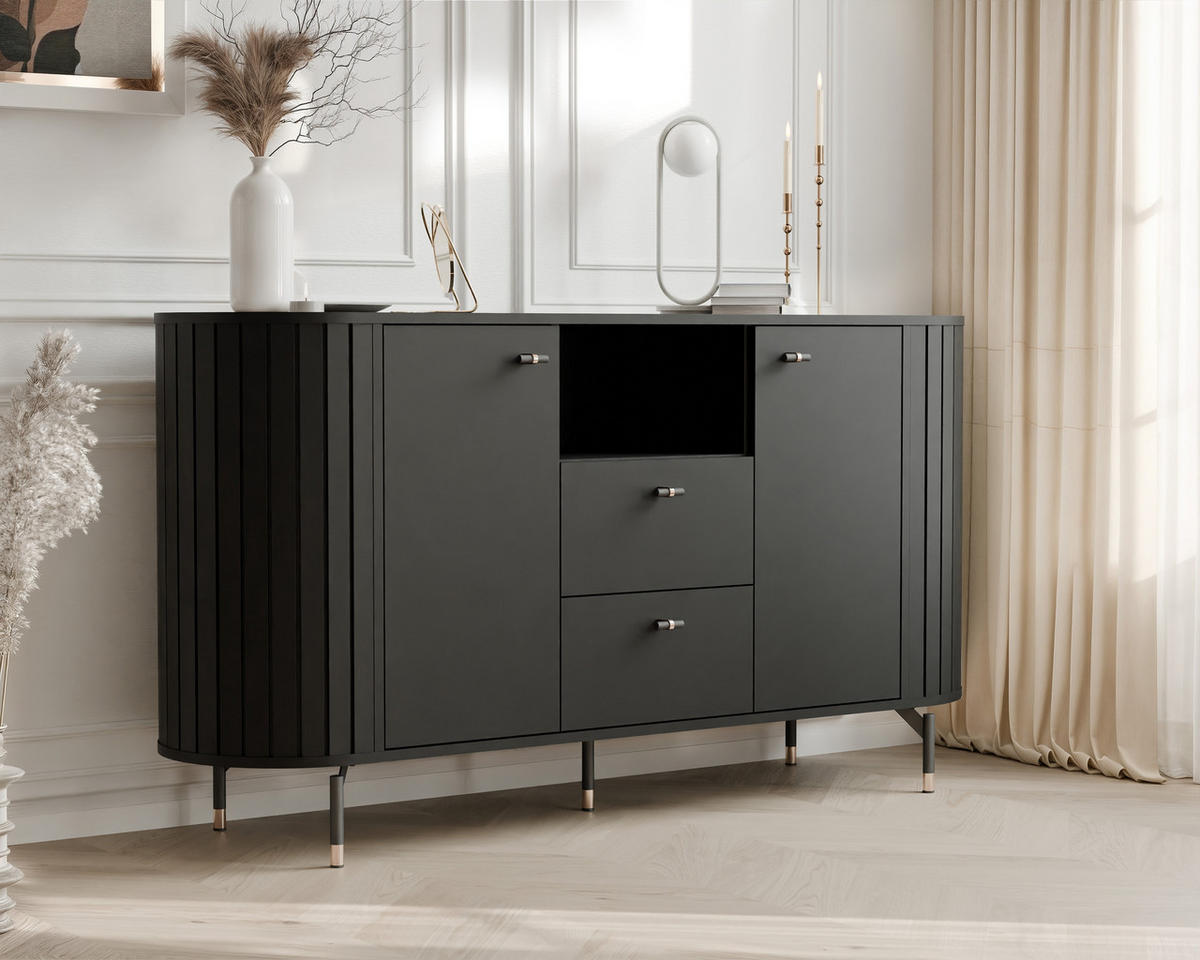 KOMMODE geriffelt, mit Fach, Schwarz - Schwarz, Holzwerkstoff (190/81/40cm) - Idohome