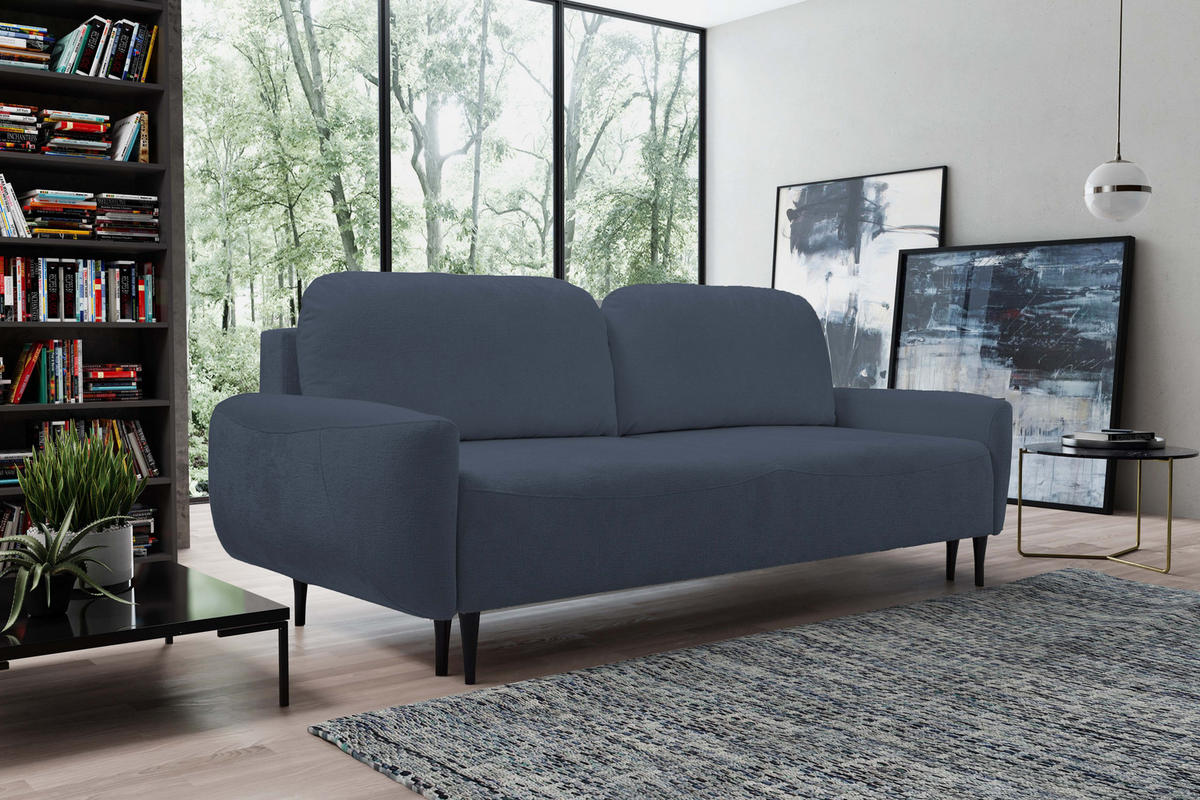 SOFA BOHO Mit Schlaffunktion Und Bettkasten, Wellenfederung, PUR-Schaum, Holzfüße, lose Rückenkissen, freistehend, 244x102x92 cm Dark blue - Dunkelblau, Holz/Textil (244/92/102cm) - DomoHome