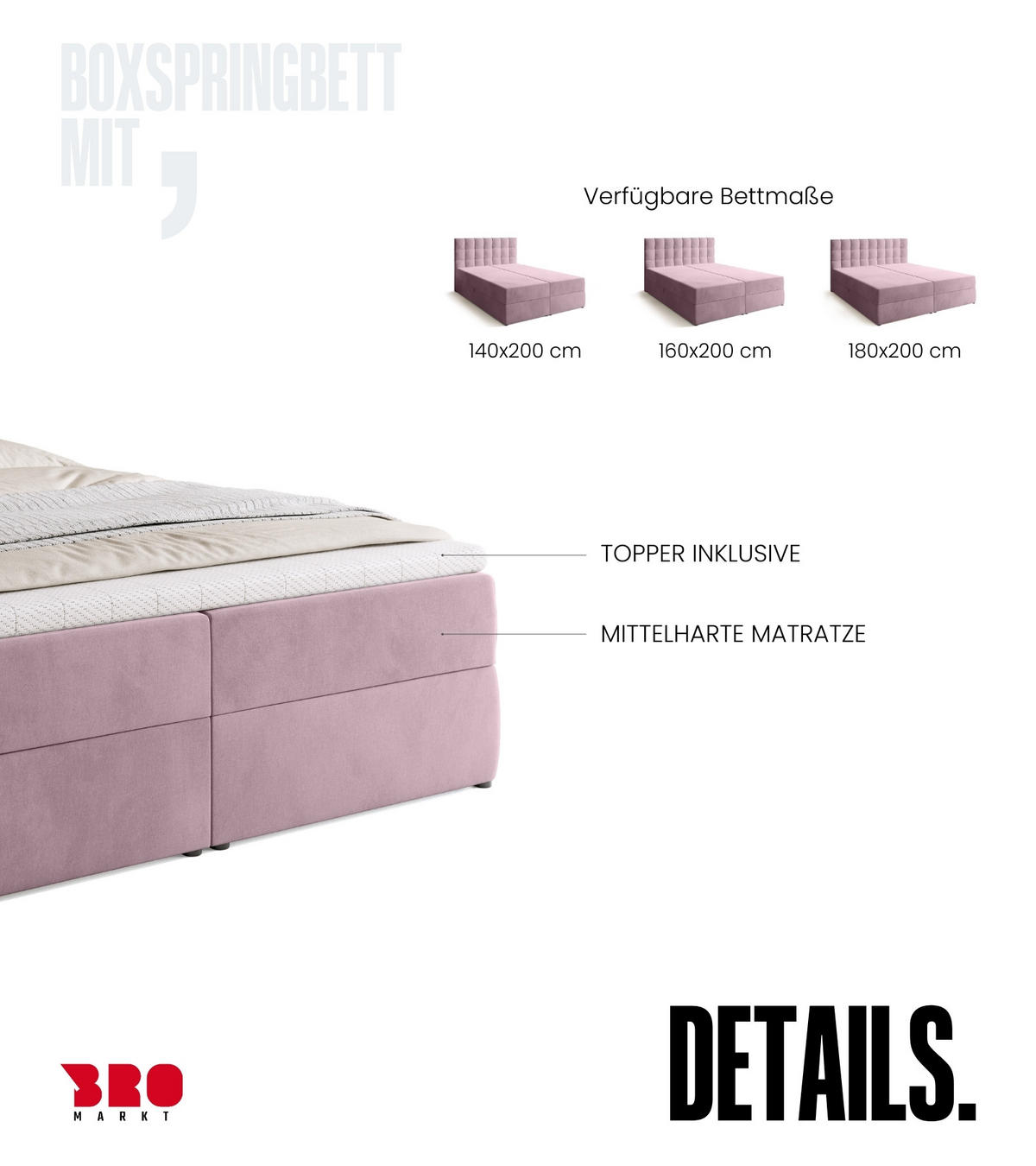 BOXBETT Detroit mit Topper 160/200 Rosa - Rosa, Holzwerkstoff/Textil (160/200cm) - Bromarkt
