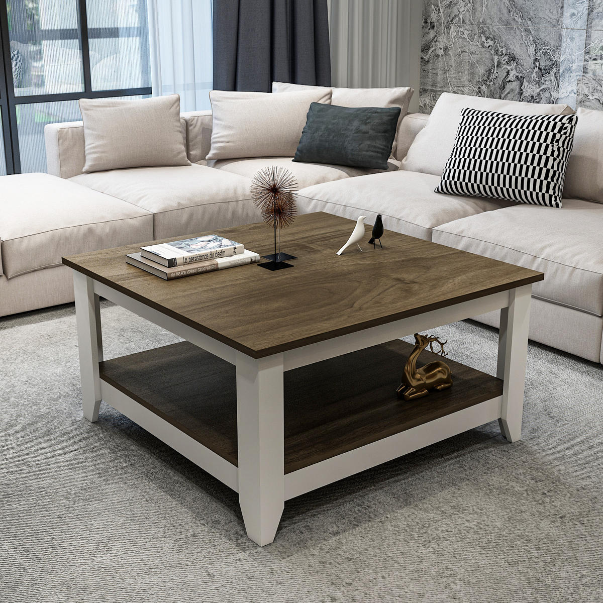 COUCHTISCH Lea Nussbaum Weiß - Dunkelbraun, Holzwerkstoff (90/90/46.8cm) - Decorotika