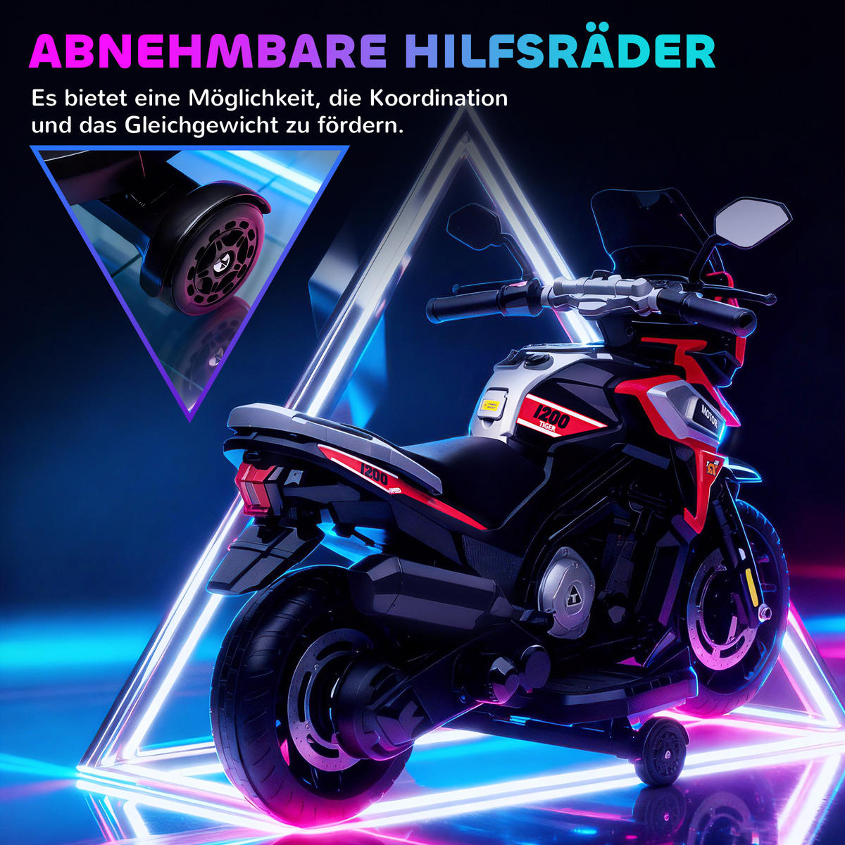 ELEKTRO-MOTORRAD mit 2 Hilfsrädern 6V, Rot - Rot, Kunststoff (85.5/44.5/56cm) - AIYAPLAY