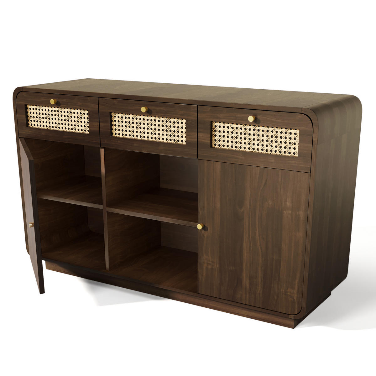 SIDEBOARD in Nussbaum mit Rattanfronten, 3 Schubladen und 2 Türen, Goldgriffe, 120/40/85 cm, Nussbaum - Walnussfarben, Holzwerkstoff (120/85/40cm) - Redom