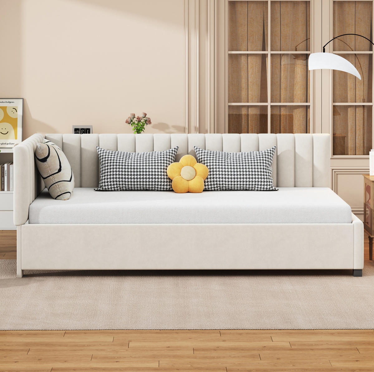 ČALÚNENÁ posteľ 90x200 cm béžová z zamatu s lamelovým roštom, úložným priestorom a flexibilným operadlom - béžová, koža (90/200cm) - Modfu